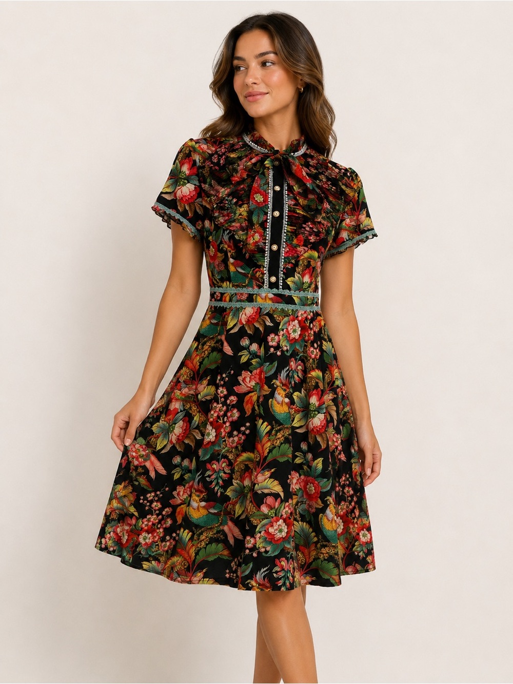Dalia MacPhee Tropical Floral Bird Print Bow Neck Fit & Flare Dress M
